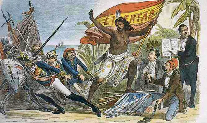 Caricatura de La Flaca (16-I-1873) sobre la lucha en España entre abolicionistas y esclavistas.